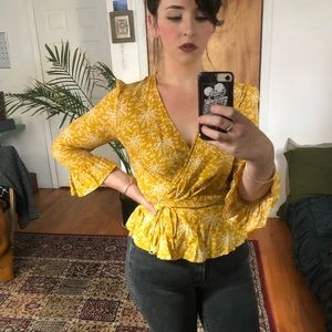FRNCH M/L Yellow Floral Wrap Blouse